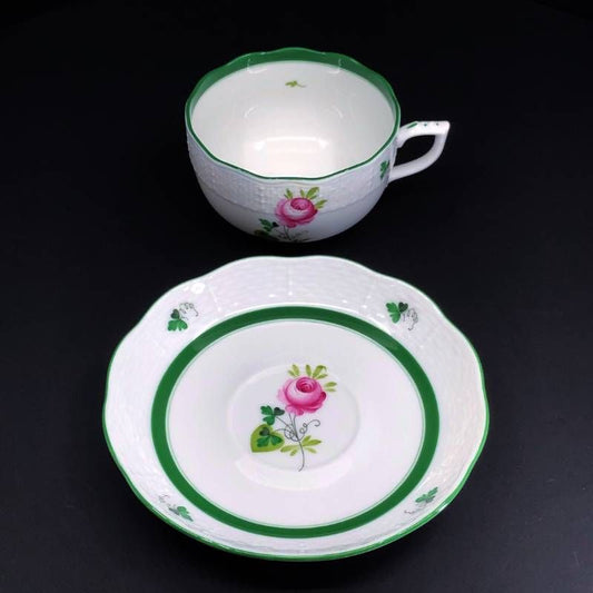 【美品】Herend ヘレンド／ウィーンのバラ カップ&ソーサー／陶器／ホワイト・グリーン