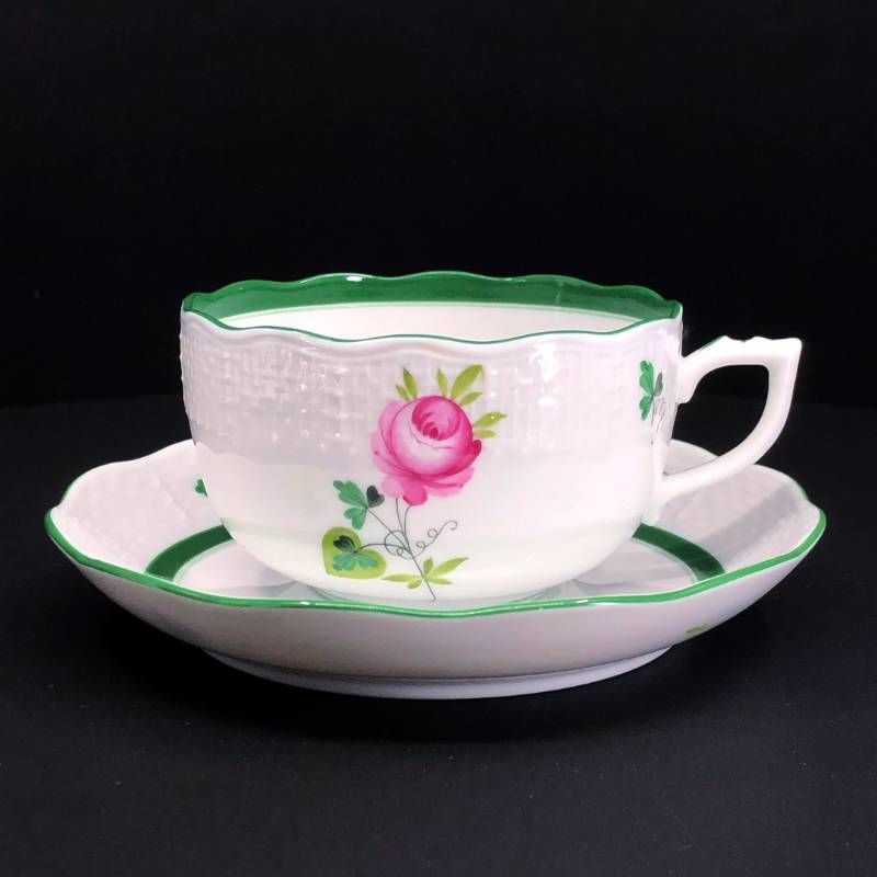 【美品】Herend ヘレンド／ウィーンのバラ カップ&ソーサー／陶器／ホワイト・グリーン