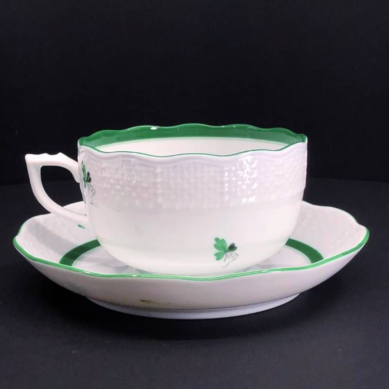 【美品】Herend ヘレンド／ウィーンのバラ カップ&ソーサー／陶器／ホワイト・グリーン