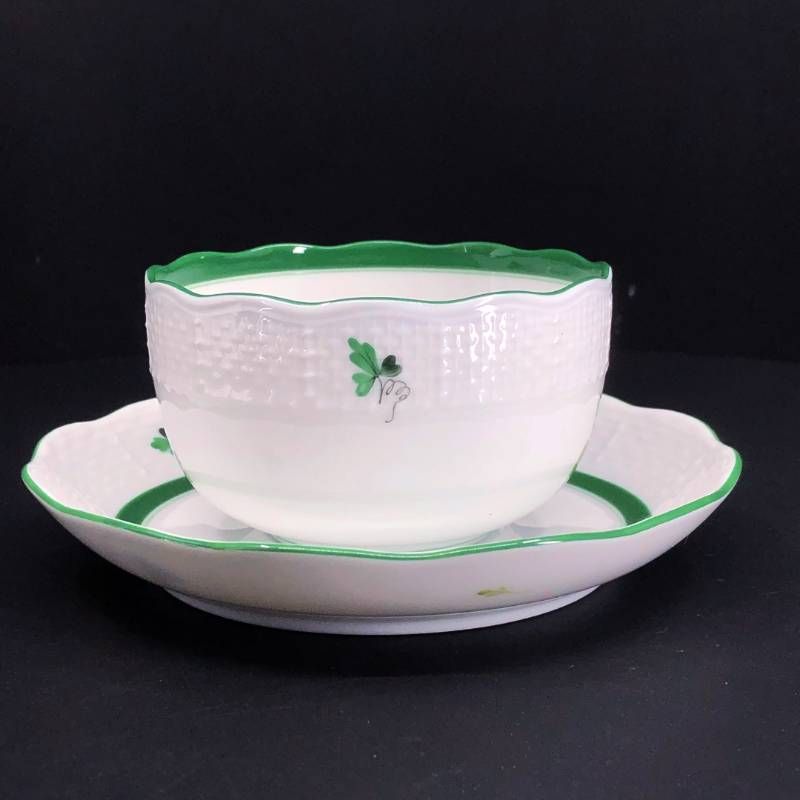 【美品】Herend ヘレンド／ウィーンのバラ カップ&ソーサー／陶器／ホワイト・グリーン