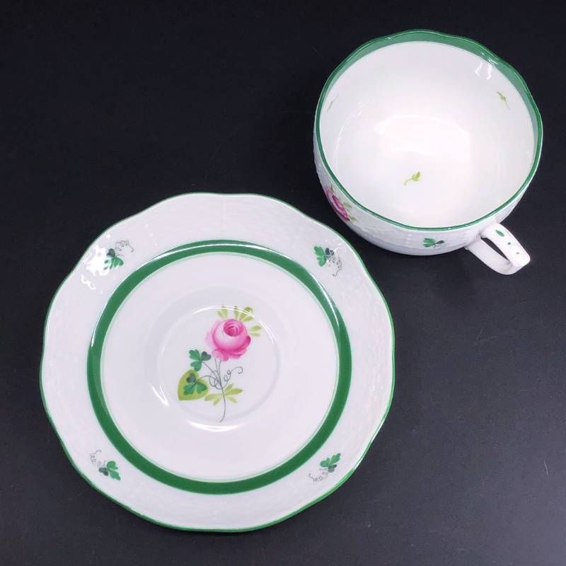 【美品】Herend ヘレンド／ウィーンのバラ カップ&ソーサー／陶器／ホワイト・グリーン