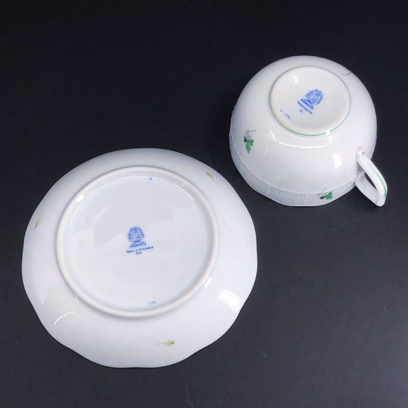 【美品】Herend ヘレンド／ウィーンのバラ カップ&ソーサー／陶器／ホワイト・グリーン