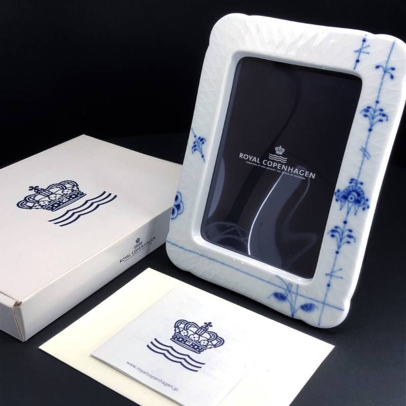 【美品・箱付】Royal Copenhagen ロイヤルコペンハーゲン／ブルーパルメッテ フォトフレーム 写真立て／陶器／ホワイト・ブルー