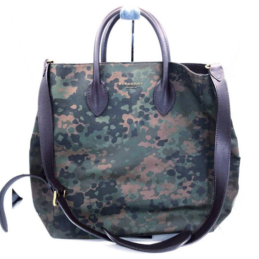 【美品】BURBERRY バーバリー／迷彩 カモフラージュ 2way トートバッグ／プローサム レザー・キャンバス／カモフラ・グリーン・ブラック