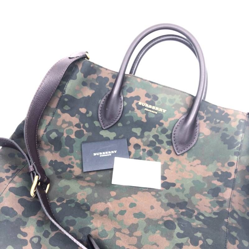 【美品】BURBERRY バーバリー／迷彩 カモフラージュ 2way トートバッグ／プローサム レザー・キャンバス／カモフラ・グリーン・ブラック