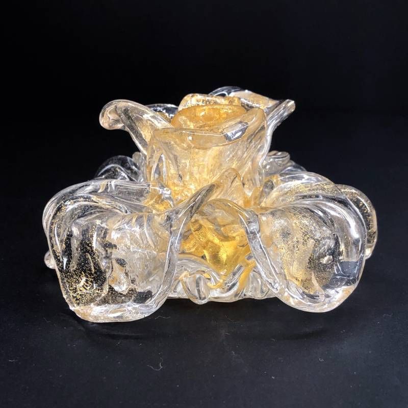【美品】MURANO ムラーノ／ローズ バラ キャンドルホルダー 置物／グラス／クリア・ゴールド