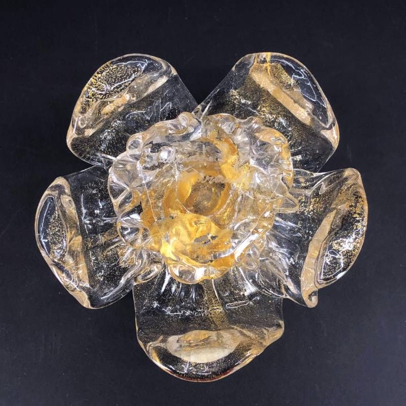 【美品】MURANO ムラーノ／ローズ バラ キャンドルホルダー 置物／グラス／クリア・ゴールド