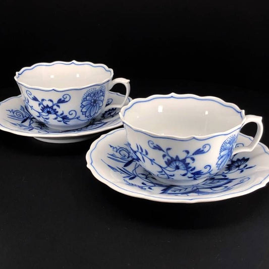 【美品】MEISSEN マイセン／ブルーオニオン ペア ティー カップ＆ソーサー／陶器／ホワイト・ブルー