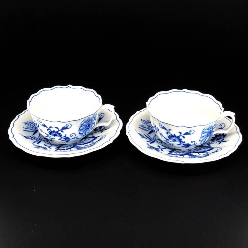 【美品】MEISSEN マイセン／ブルーオニオン ペア ティー カップ＆ソーサー／陶器／ホワイト・ブルー