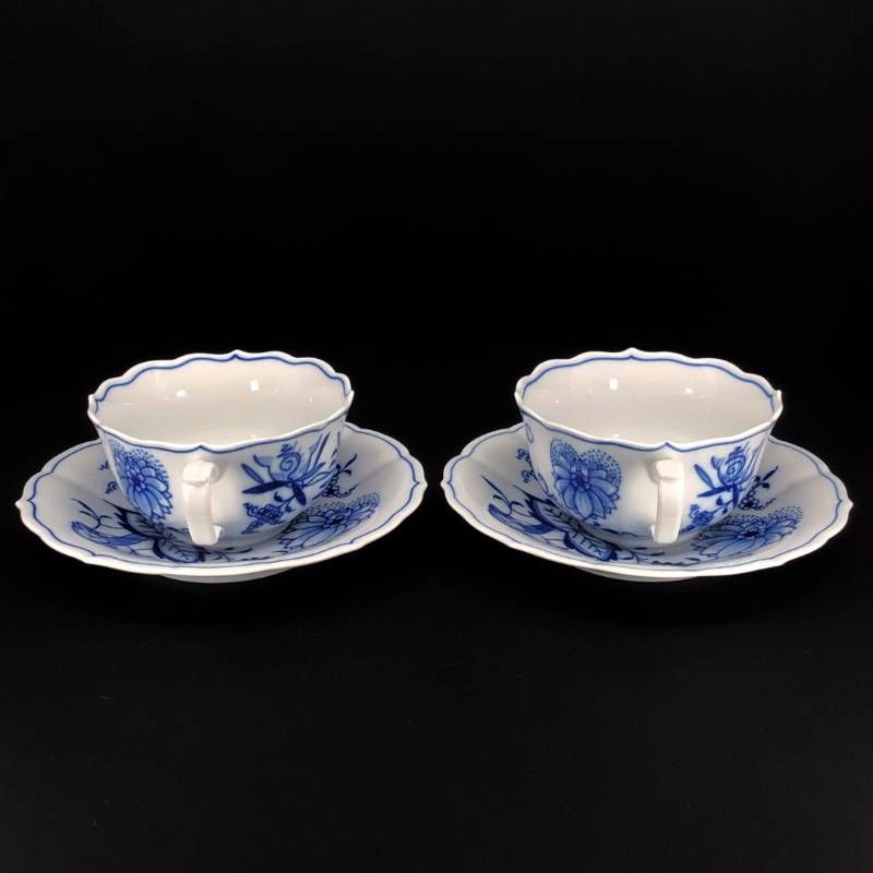 【美品】MEISSEN マイセン／ブルーオニオン ペア ティー カップ＆ソーサー／陶器／ホワイト・ブルー
