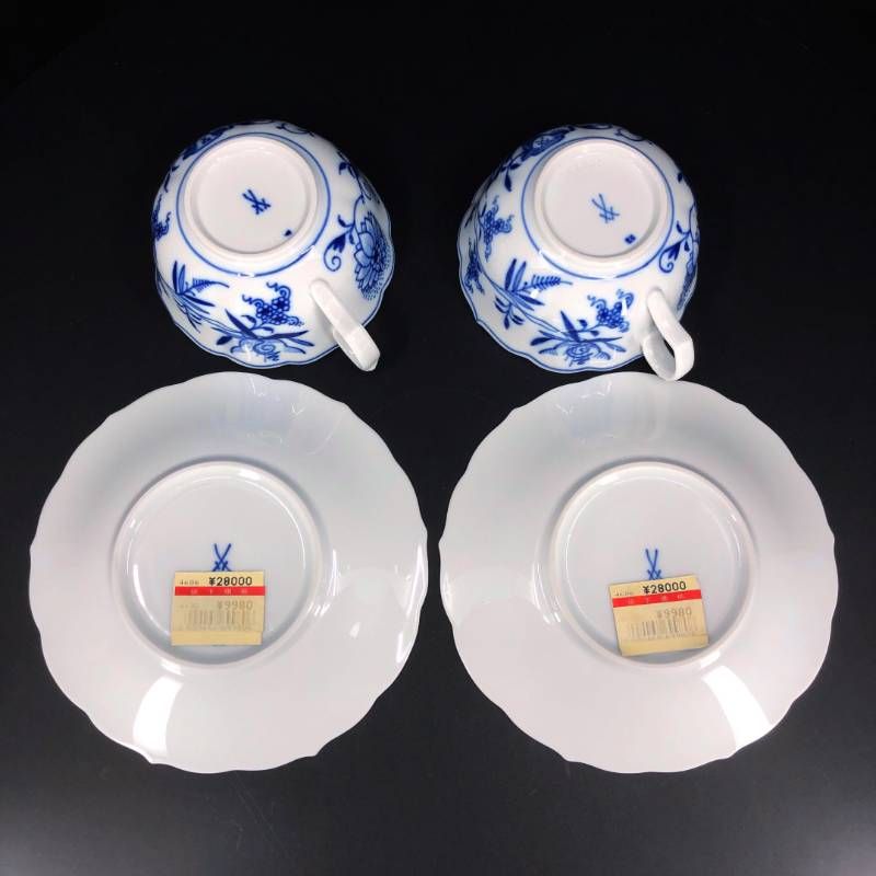 【美品】MEISSEN マイセン／ブルーオニオン ペア ティー カップ＆ソーサー／陶器／ホワイト・ブルー