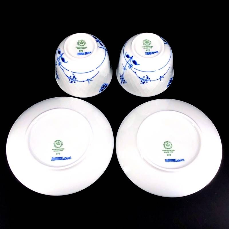 【美品・箱付き】Royal Copenhagen ロイヤルコペンハーゲン／ブルーパルメッテ キティちゃん サンリオ ノーハンドル ペア カップ＆ソーサー 湯飲み 2客／陶器／ホワイト
