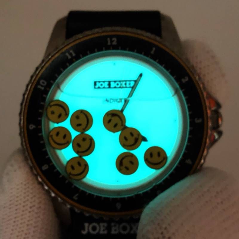 【希少・電池交換済み】JOEBOXER ジョーボクサー／INDIGLO インディグロ スマイル ラウンド 1995／クォーツ／ステンレス／ブラック・ホワイト
