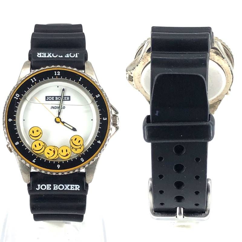 【希少・電池交換済み】JOEBOXER ジョーボクサー／INDIGLO インディグロ スマイル ラウンド 1995／クォーツ／ステンレス／ブラック・ホワイト