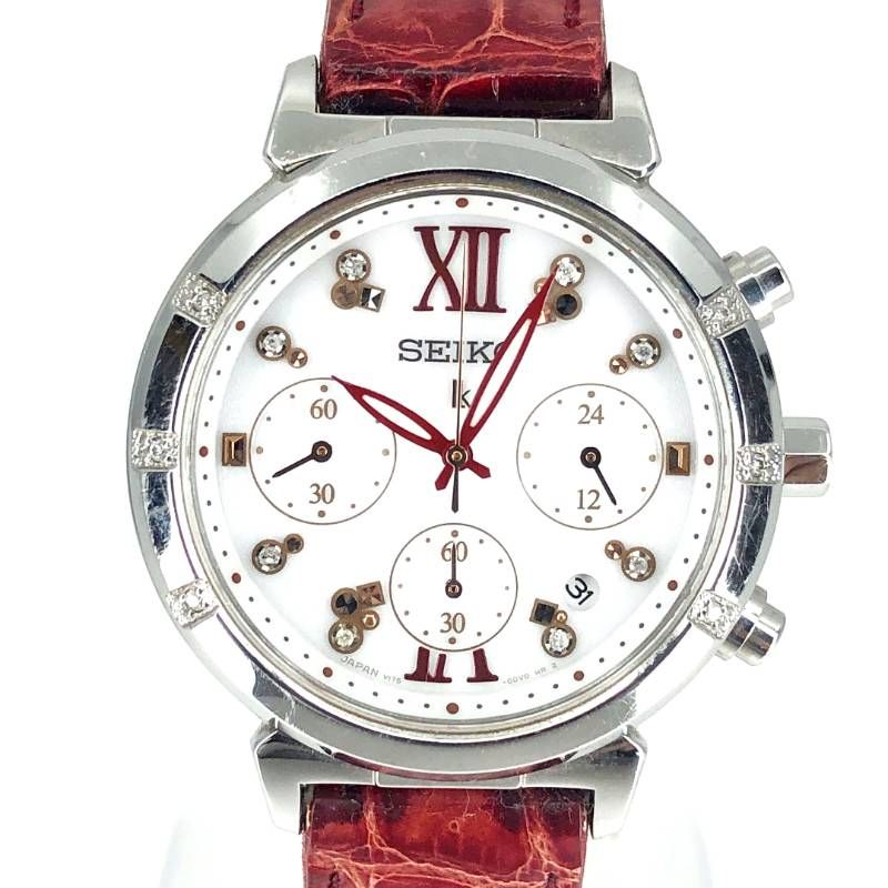 【美品・限定・電池交換済み・取説・ケース付き】SEIKO セイコー／レディース ルキア V175-0DF0／ソーラークォーツ／ステンレス・レザー／シルバー・ホワイト・レッド
