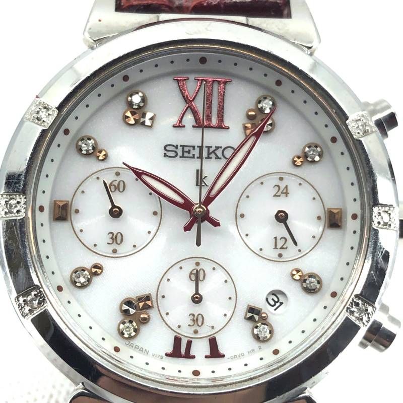 【美品・限定・電池交換済み・取説・ケース付き】SEIKO セイコー／レディース ルキア V175-0DF0／ソーラークォーツ／ステンレス・レザー／シルバー・ホワイト・レッド