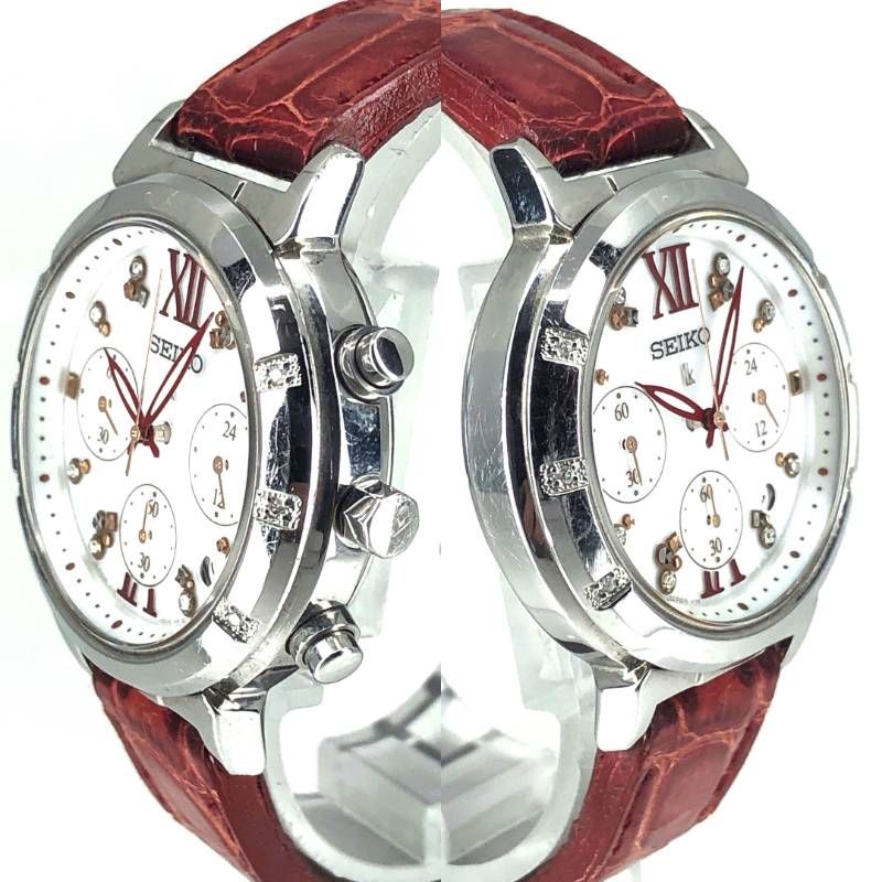 【美品・限定・電池交換済み・取説・ケース付き】SEIKO セイコー／レディース ルキア V175-0DF0／ソーラークォーツ／ステンレス・レザー／シルバー・ホワイト・レッド