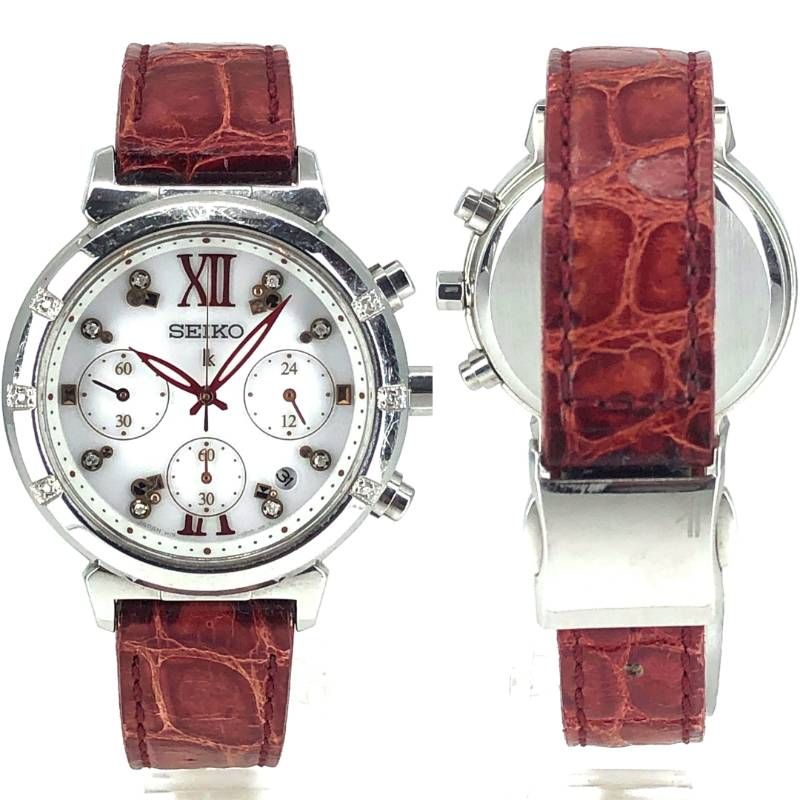 【美品・限定・電池交換済み・取説・ケース付き】SEIKO セイコー／レディース ルキア V175-0DF0／ソーラークォーツ／ステンレス・レザー／シルバー・ホワイト・レッド