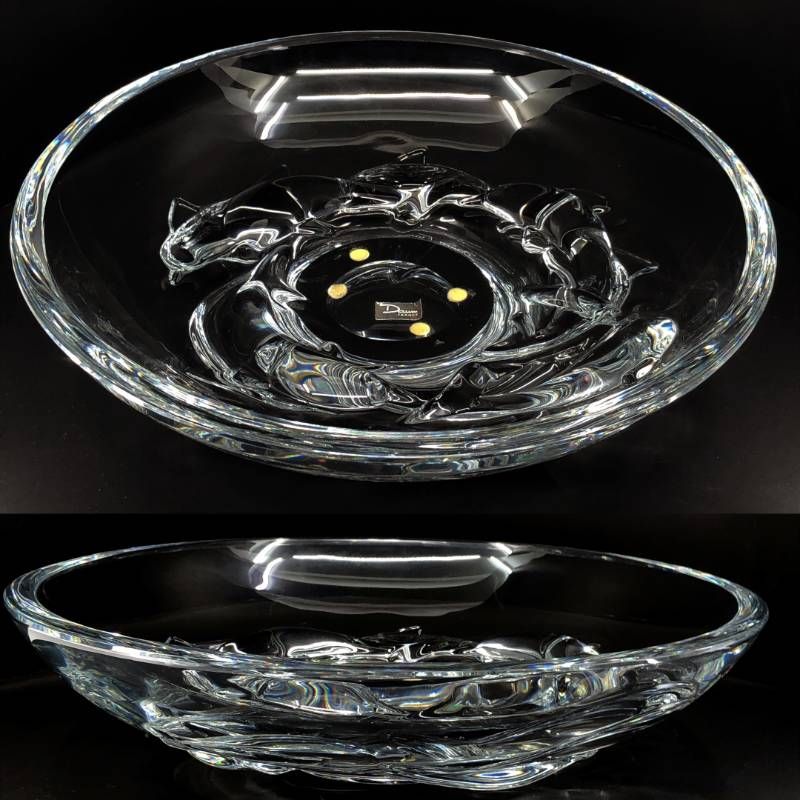 【大型35cm・箱付き】Daum ドーム／ドルフィン デザイン ディッシュプレート 大皿／クリスタルグラス／透明
