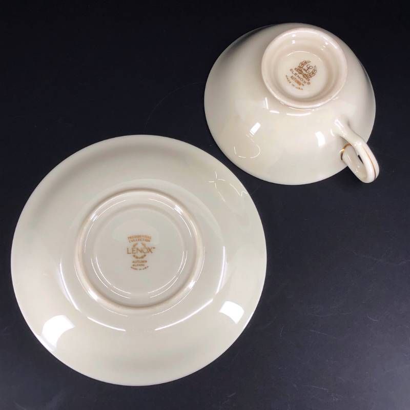 【美品】LENOX レノックス／オータム カップ＆ソーサー・デザートプレート セット 金彩／陶器／ベージュ・マルチカラー・ゴールド