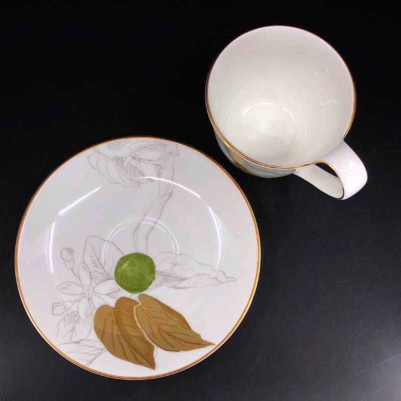 Royal Copenhagen ロイヤルコペンハーゲン／ハイハンドル ペア カップ＆ソーサー 2客／陶器／ホワイト・マルチカラー