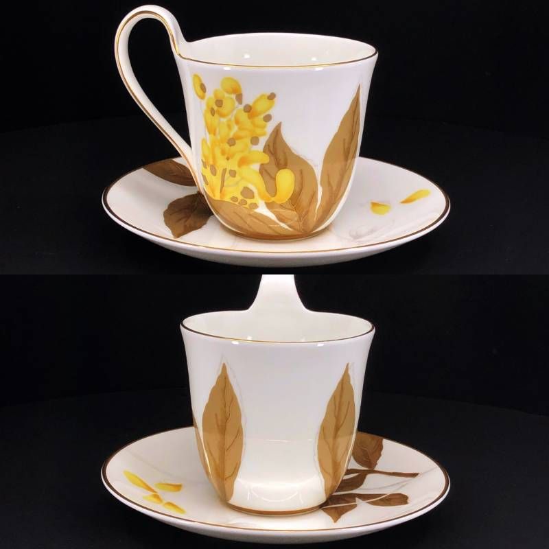 Royal Copenhagen ロイヤルコペンハーゲン／ハイハンドル ペア カップ＆ソーサー 2客／陶器／ホワイト・マルチカラー