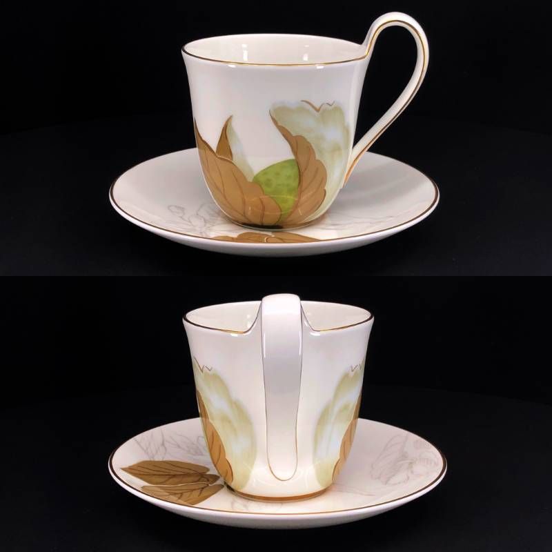 Royal Copenhagen ロイヤルコペンハーゲン／ハイハンドル ペア カップ＆ソーサー 2客／陶器／ホワイト・マルチカラー