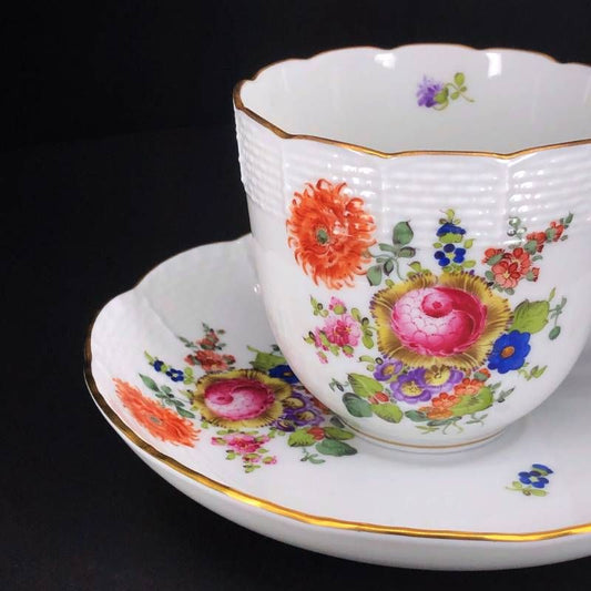 【美品】HEREND ヘレンド／ブーケ コーヒー カップ＆ソーサー／金彩／陶器／ホワイト・マルチカラー・ゴールド