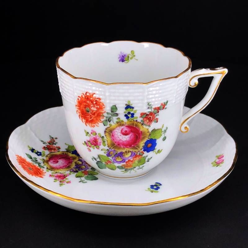 【美品】HEREND ヘレンド／ブーケ コーヒー カップ＆ソーサー／金彩／陶器／ホワイト・マルチカラー・ゴールド