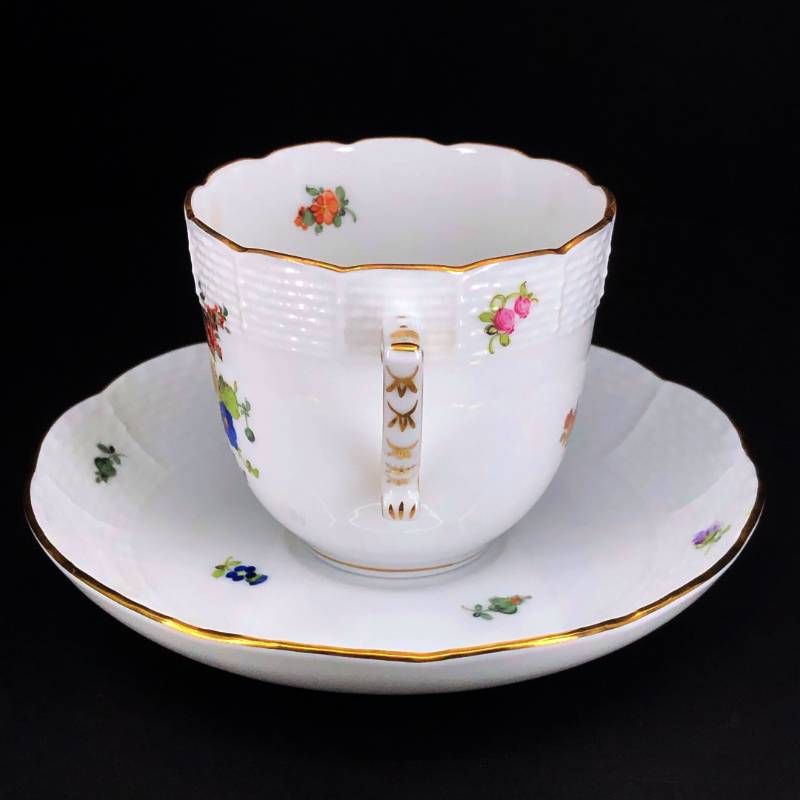 【美品】HEREND ヘレンド／ブーケ コーヒー カップ＆ソーサー／金彩／陶器／ホワイト・マルチカラー・ゴールド