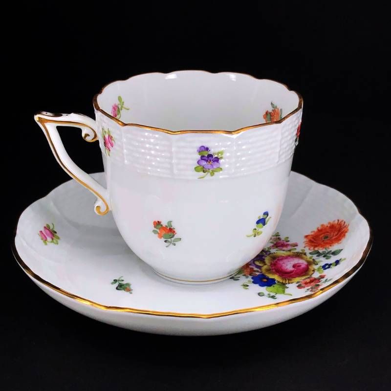 【美品】HEREND ヘレンド／ブーケ コーヒー カップ＆ソーサー／金彩／陶器／ホワイト・マルチカラー・ゴールド