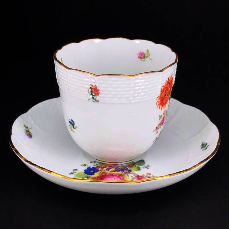 【美品】HEREND ヘレンド／ブーケ コーヒー カップ＆ソーサー／金彩／陶器／ホワイト・マルチカラー・ゴールド