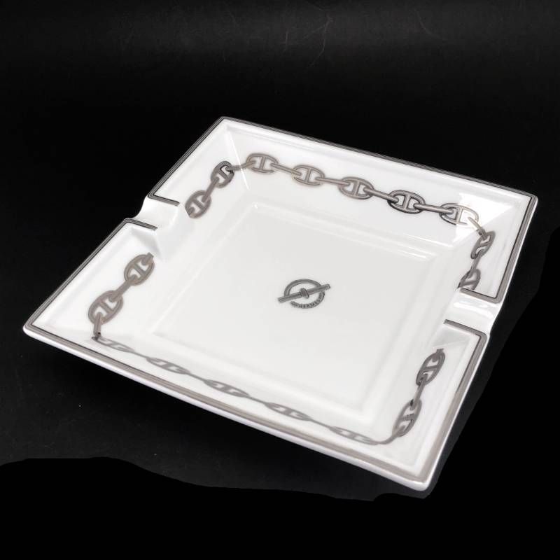 【美品】HERMES エルメス／シェーヌダンクル プラチナ アッシュトレイ 灰皿／陶器／ホワイト・シルバー