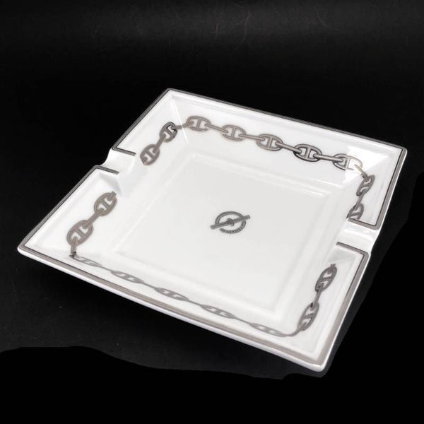 【美品】HERMES エルメス／シェーヌダンクル プラチナ アッシュトレイ 灰皿／陶器／ホワイト・シルバー