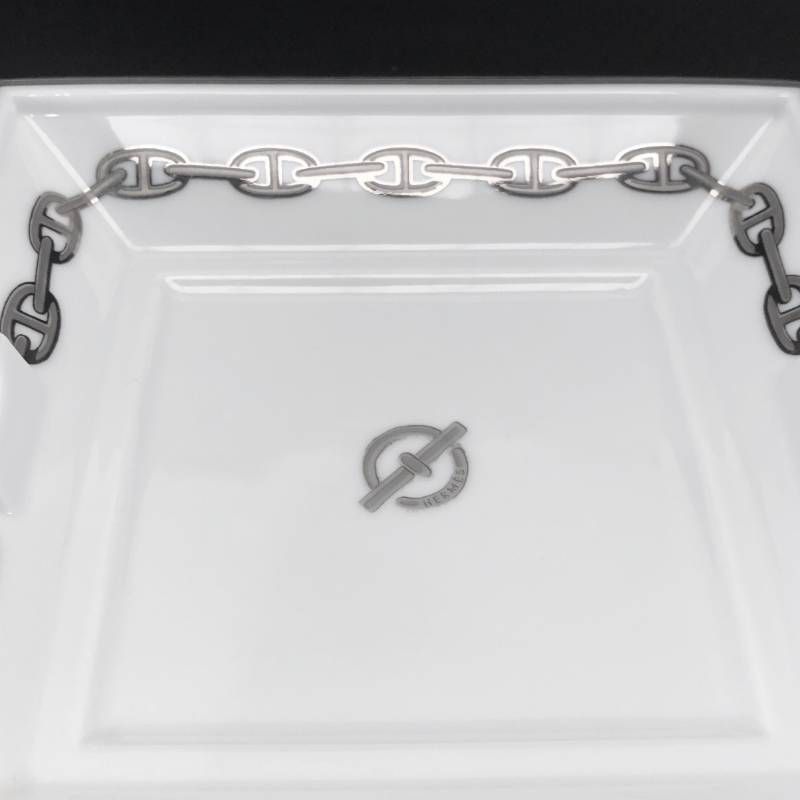 【美品】HERMES エルメス／シェーヌダンクル プラチナ アッシュトレイ 灰皿／陶器／ホワイト・シルバー