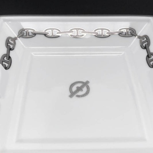 【美品】HERMES エルメス／シェーヌダンクル プラチナ アッシュトレイ 灰皿／陶器／ホワイト・シルバー