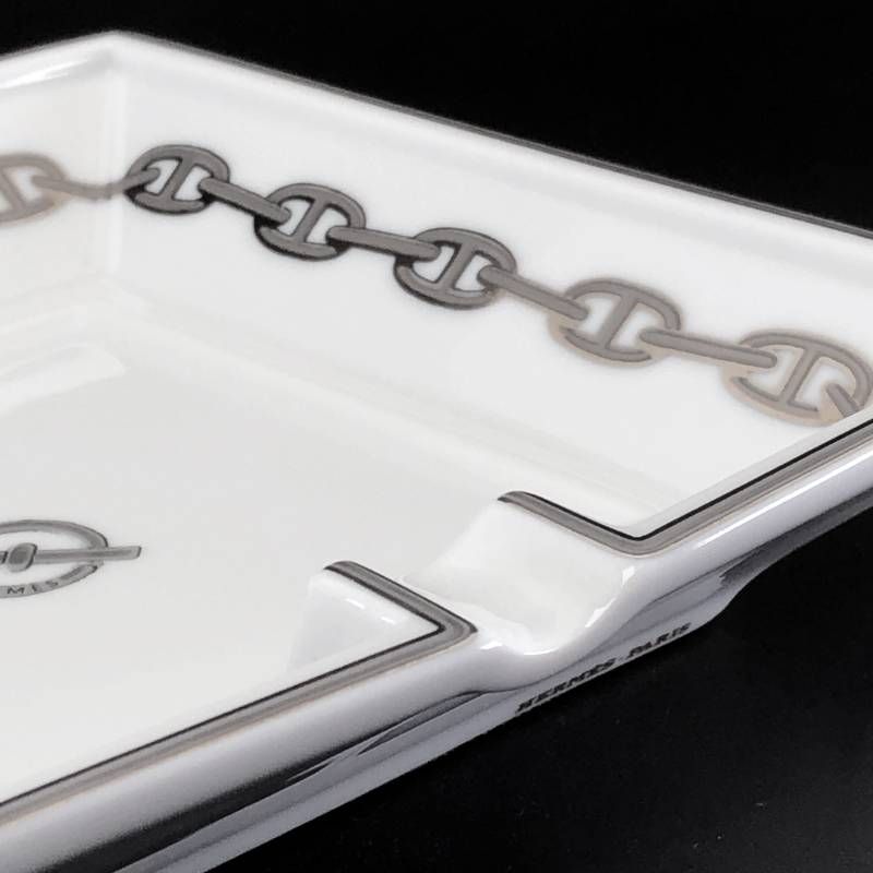 【美品】HERMES エルメス／シェーヌダンクル プラチナ アッシュトレイ 灰皿／陶器／ホワイト・シルバー