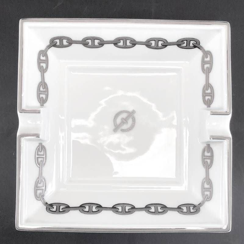 【美品】HERMES エルメス／シェーヌダンクル プラチナ アッシュトレイ 灰皿／陶器／ホワイト・シルバー