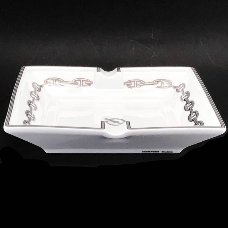 【美品】HERMES エルメス／シェーヌダンクル プラチナ アッシュトレイ 灰皿／陶器／ホワイト・シルバー