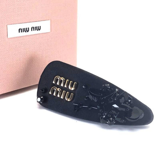 【美品・箱付き】MIU MIU ミュウミュウ／5IF092 ヘアクリップ RASO RICAMO NERO／ブラック・ゴールド