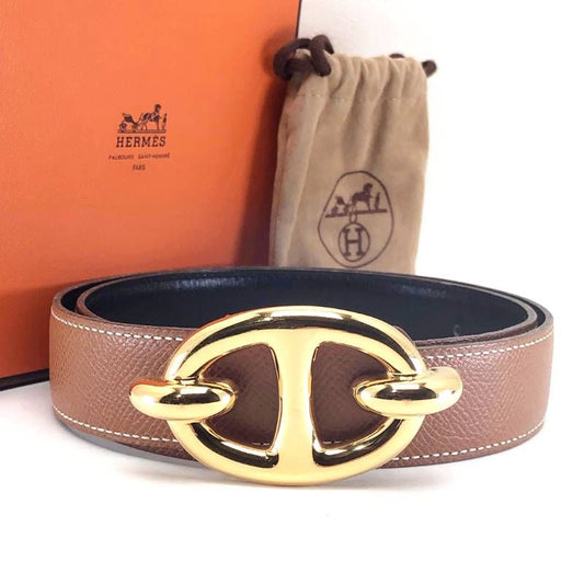 【 希少・ヴィンテージ】HERMES エルメス／シェーヌダンクル リバーシブル ベルト／レザー／ゴールド・ブラウン