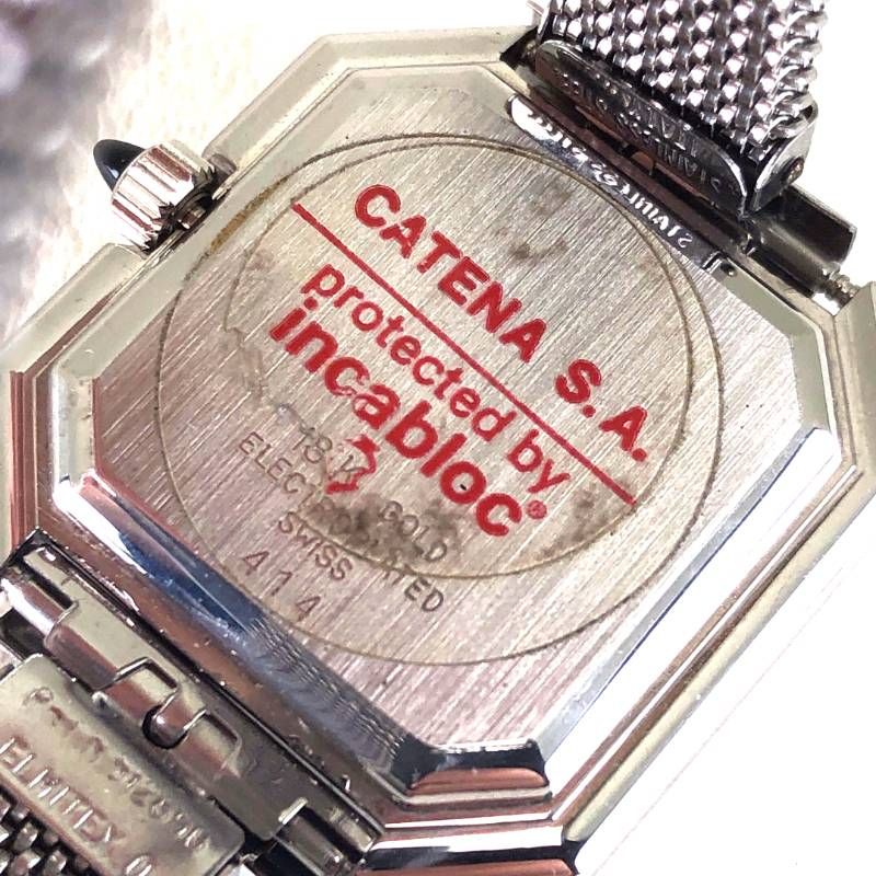 【ヴィンテージ・美品】CATENA カテナ／オクタゴナル レディース ウォッチ／手巻き／18kめっき・ステンレス／シルバー・ブラック