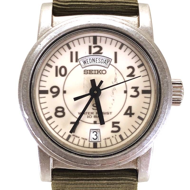 SEIKO セイコー／SUS 7N33-6050／クォーツ／ステンレス・キャンバス／シルバー・クリーム・カーキ
