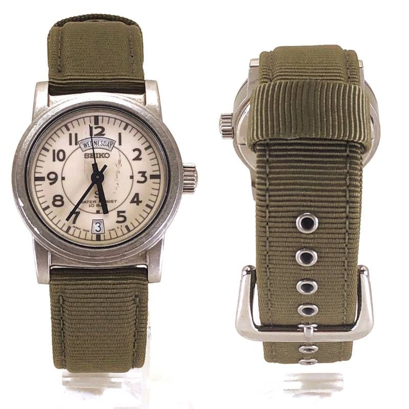 SEIKO セイコー／SUS 7N33-6050／クォーツ／ステンレス・キャンバス／シルバー・クリーム・カーキ