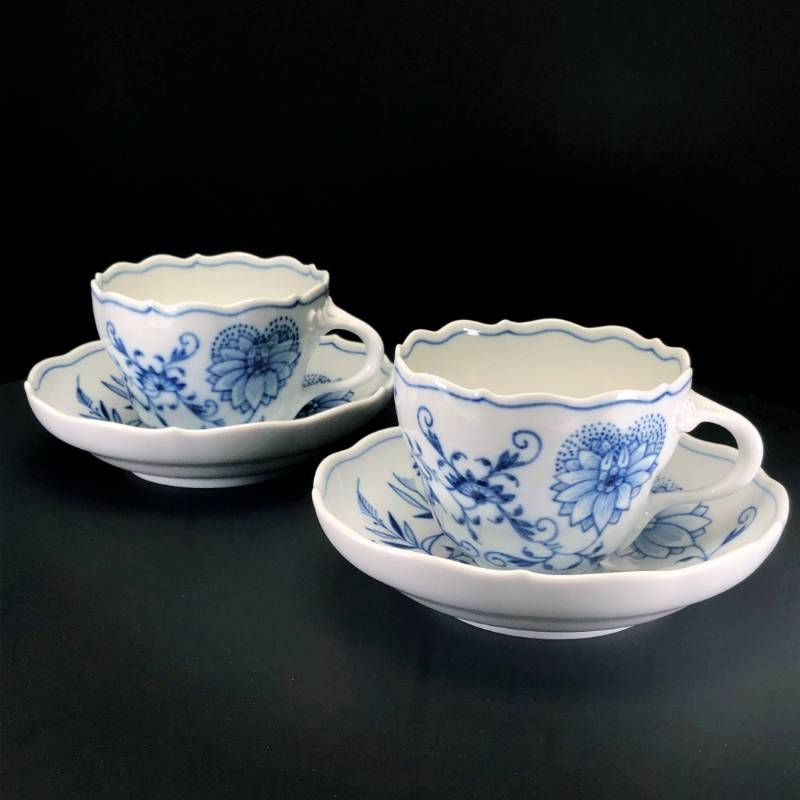 【美品】MEISSEN マイセン／ブルーオニオン ペア カップ＆ソーサー／陶器／ホワイト・ブルー
