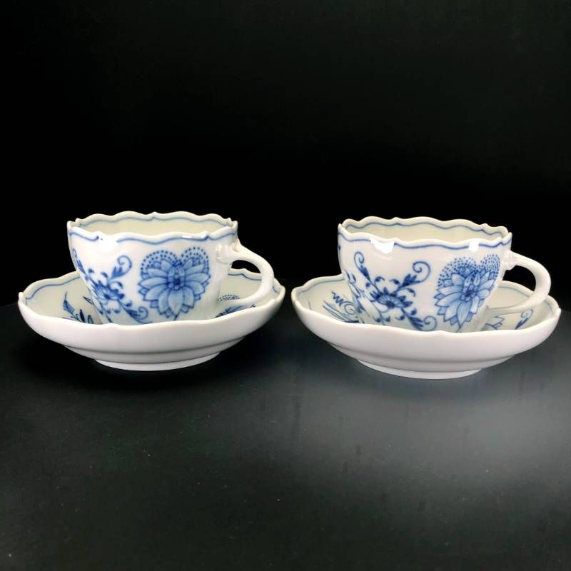 【美品】MEISSEN マイセン／ブルーオニオン ペア カップ＆ソーサー／陶器／ホワイト・ブルー