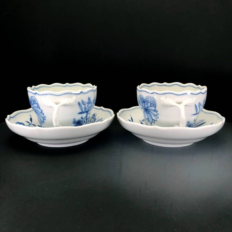 【美品】MEISSEN マイセン／ブルーオニオン ペア カップ＆ソーサー／陶器／ホワイト・ブルー