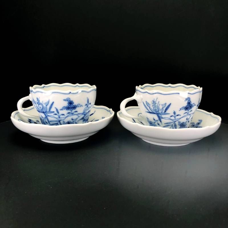 【美品】MEISSEN マイセン／ブルーオニオン ペア カップ＆ソーサー／陶器／ホワイト・ブルー