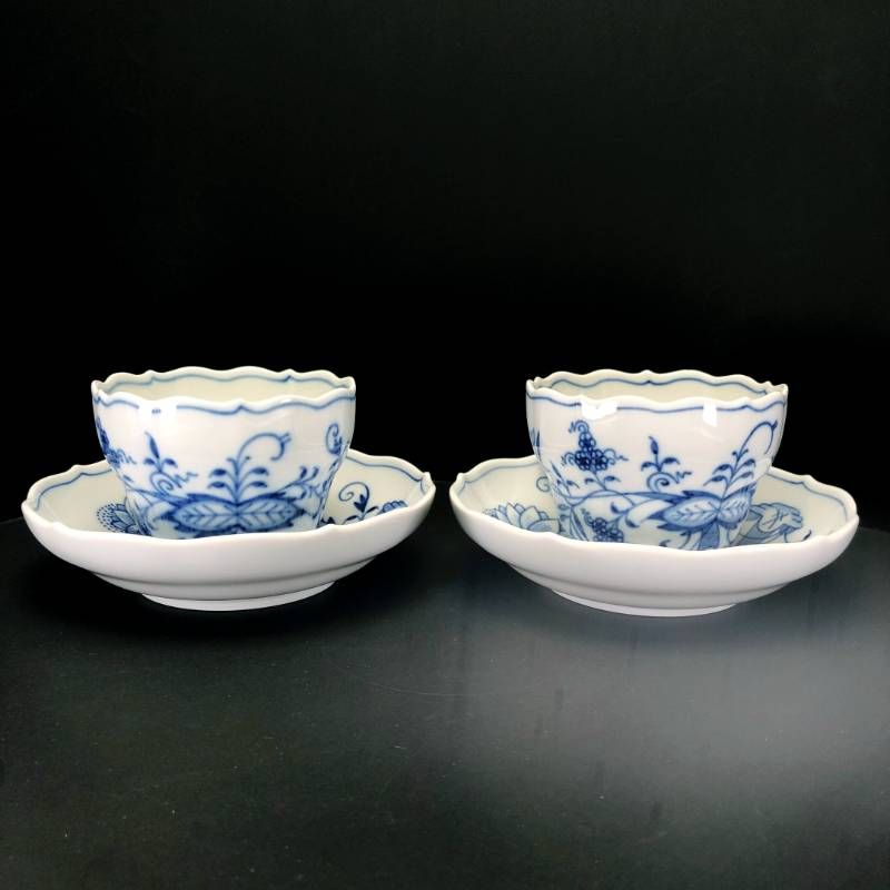 【美品】MEISSEN マイセン／ブルーオニオン ペア カップ＆ソーサー／陶器／ホワイト・ブルー