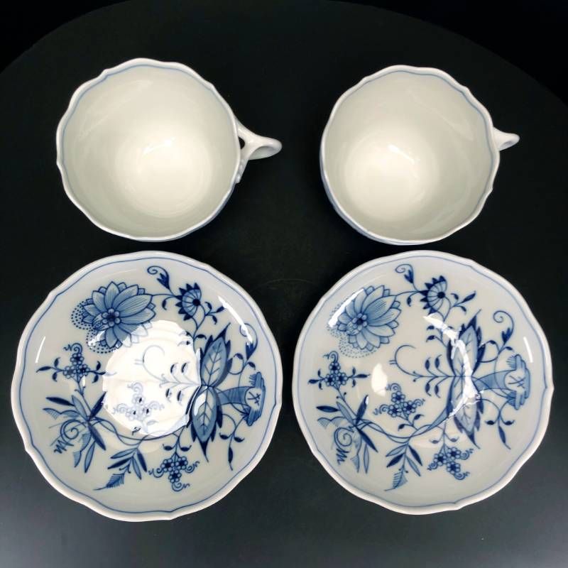 【美品】MEISSEN マイセン／ブルーオニオン ペア カップ＆ソーサー／陶器／ホワイト・ブルー